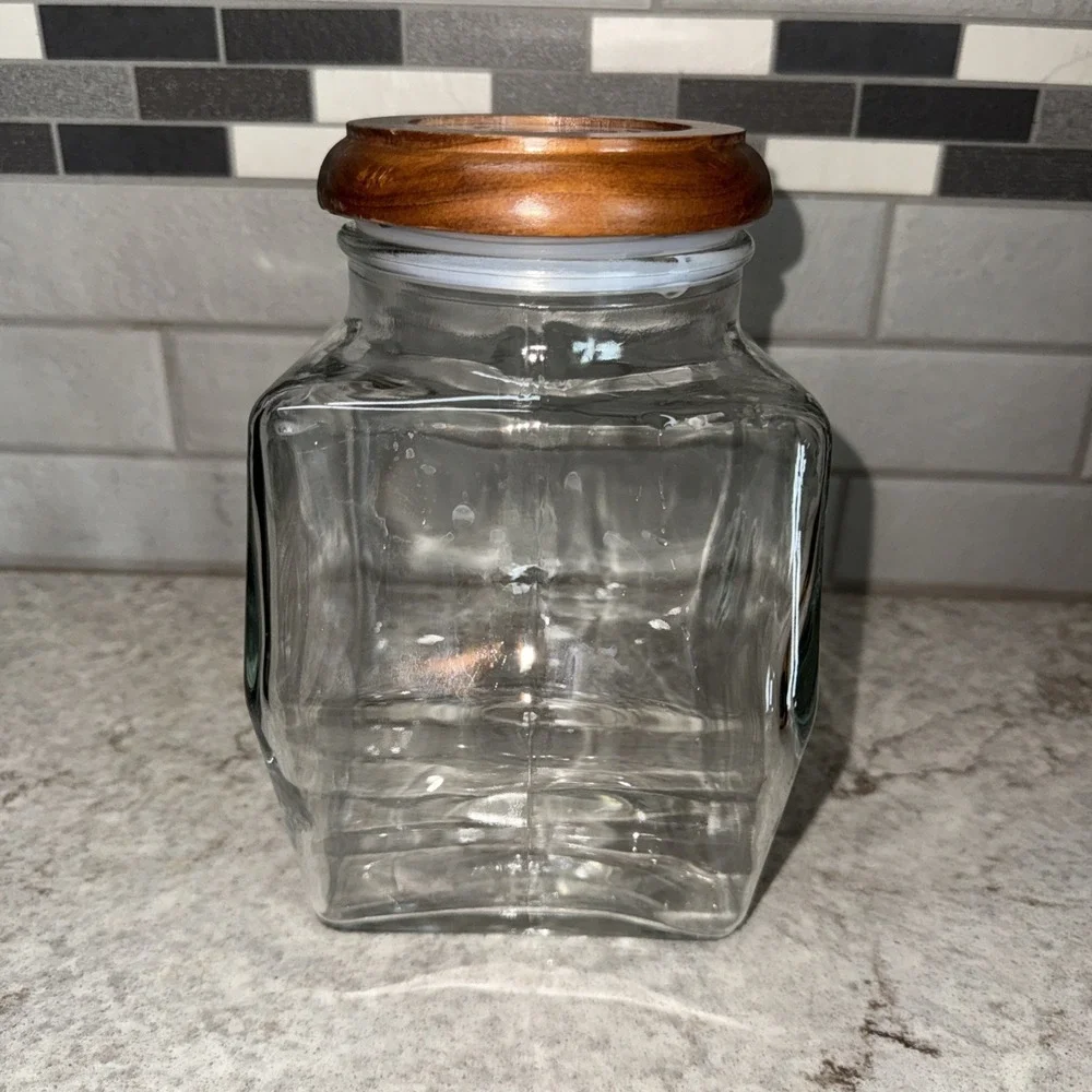 Vtg Glass 3 Canister Set Blue Heart Wood Top Counter Rack Farmhouse Kitchen